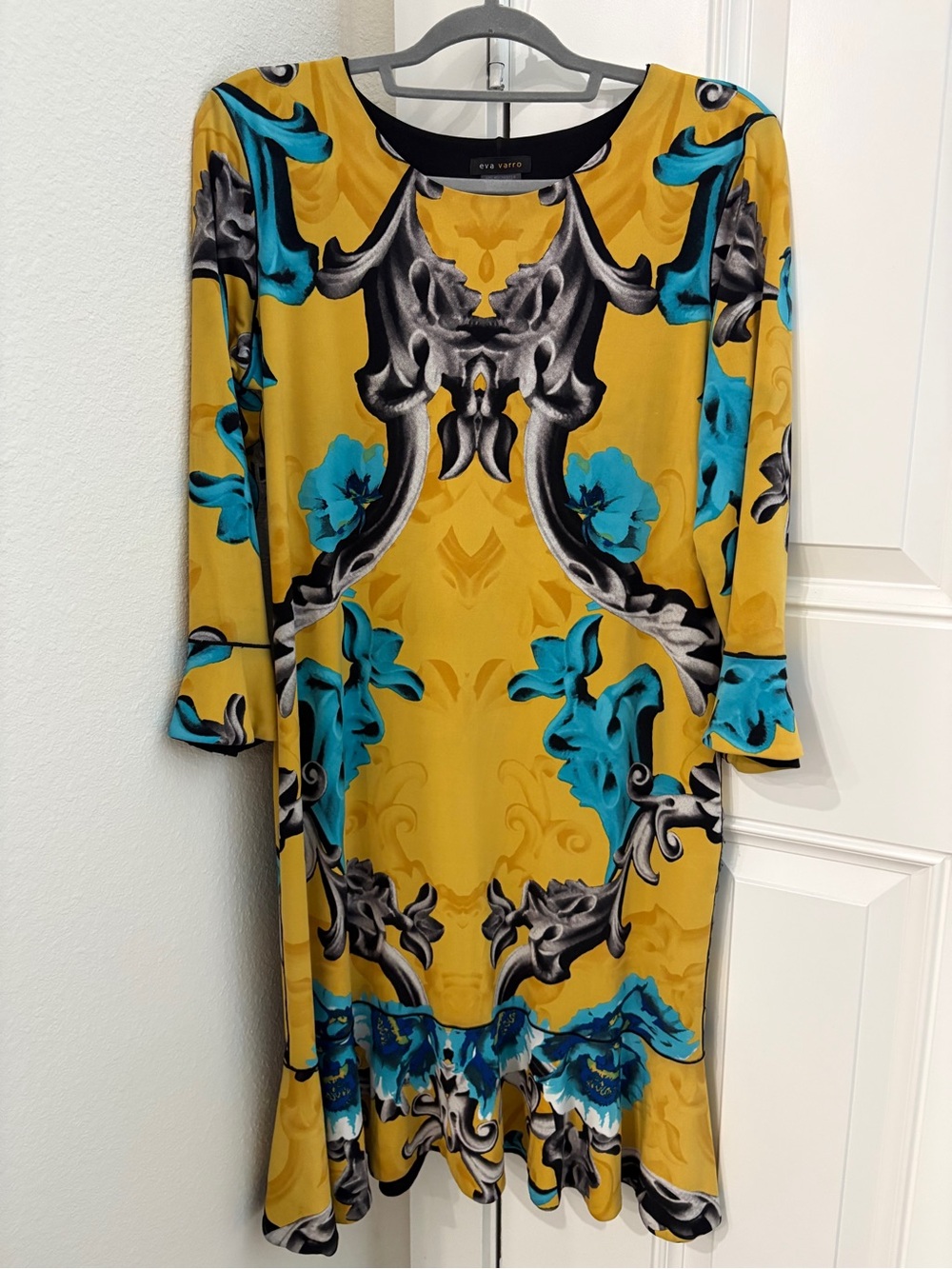 Eva Varro Mustard Yellow Floral-Print Midi Dress with Teal Accents